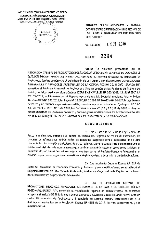 Res. Ex. N° 3234-2019 Autoriza cesión anchoveta y sardina común Región de Los Lagos a Región del Biobío.