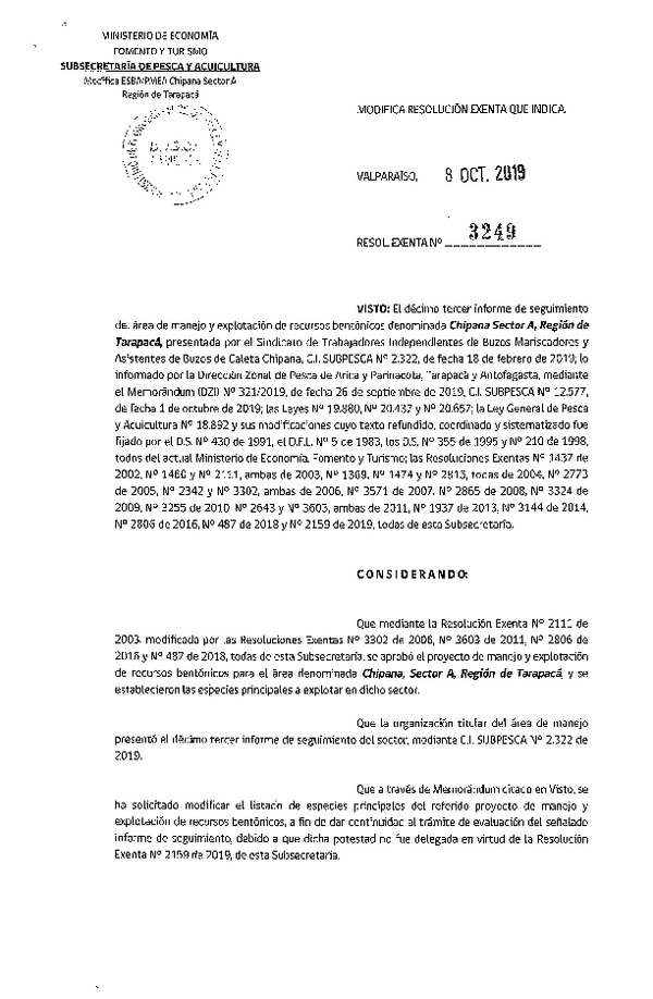Res. Ex. N° 3249-2019 Modifica Plan de Manejo.