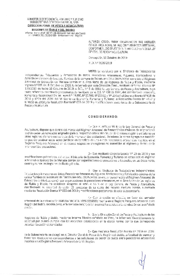 Res. Ex. N° 139-2019 (DZP VIII) Autoriza cesión Merluza común Región del Biobío.