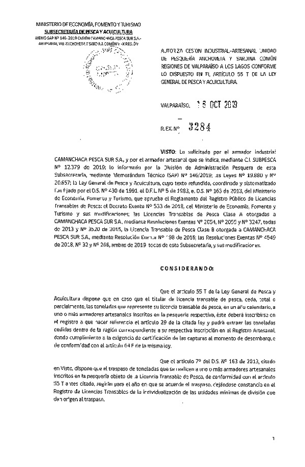 Res. Ex. N° 3284-2019 Autoriza cesión pesquería Anchoveta y Sardina común, Regiones de Valparaíso a Los Lagos.