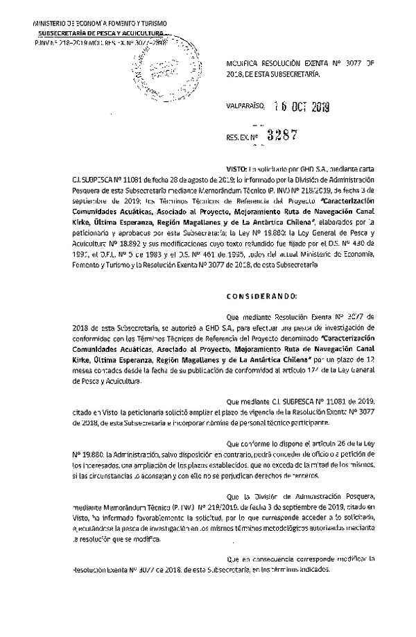 Res. Ex. N° 3287-2019 Modifica 	Res. Ex. N° 3077-2018 Caracterización comunidades acuáticas, Región de Magallanes y de La Antártica Chilena.