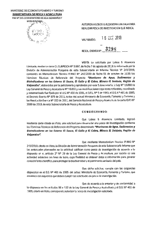 Res. Ex. N° 3298-2019 Monitoreo de agua, sedimentos y bioindicadores, Región de Valparaíso.
