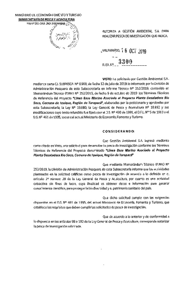 Res. Ex. N° 3300-2019 Línea base marino, Región de Tarapacá.