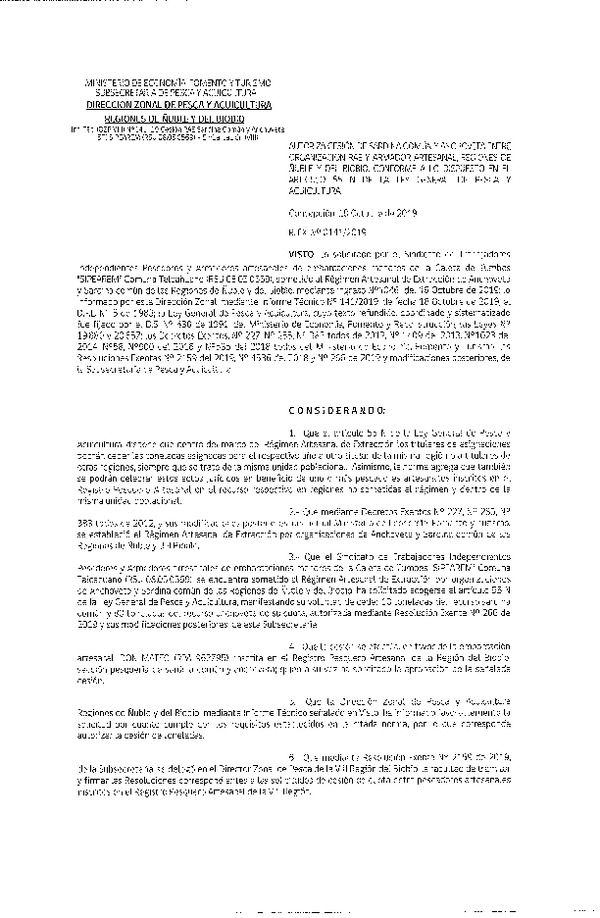 Res. Ex. N° 141-2019 (DZP VIII) Autoriza cesión Merluza común Región del Biobío.