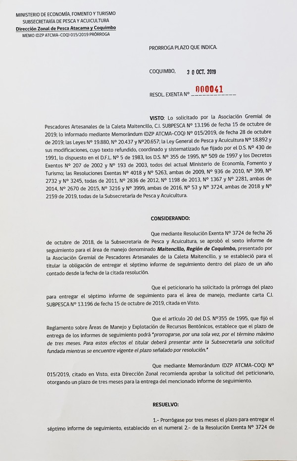 Res. Ex. N° 41-2019 (DZP Atacama y Coquimbo) Prorroga plazo que indica.