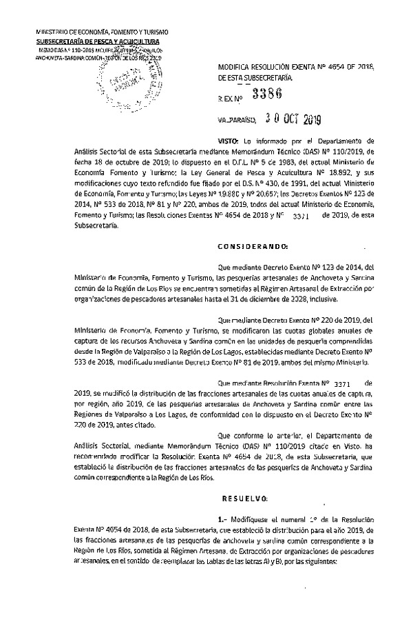 Res. Ex. N° 3386-2019 Modifica Res. Ex. N° 4654-2018 Distribución de la fracción artesanal de pesquería de Anchoveta y sardina común, Región de Los Ríos, año 2019. (Publicado en Página Web 04-11-2019) (F.D.O. 12-11-2019)