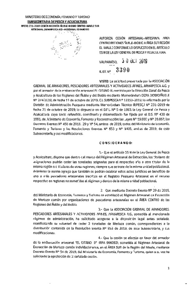 Res. Ex. N° 3390-2019 Autoriza cesión Merluza común Región de Ñuble-Biobío a El Maule.