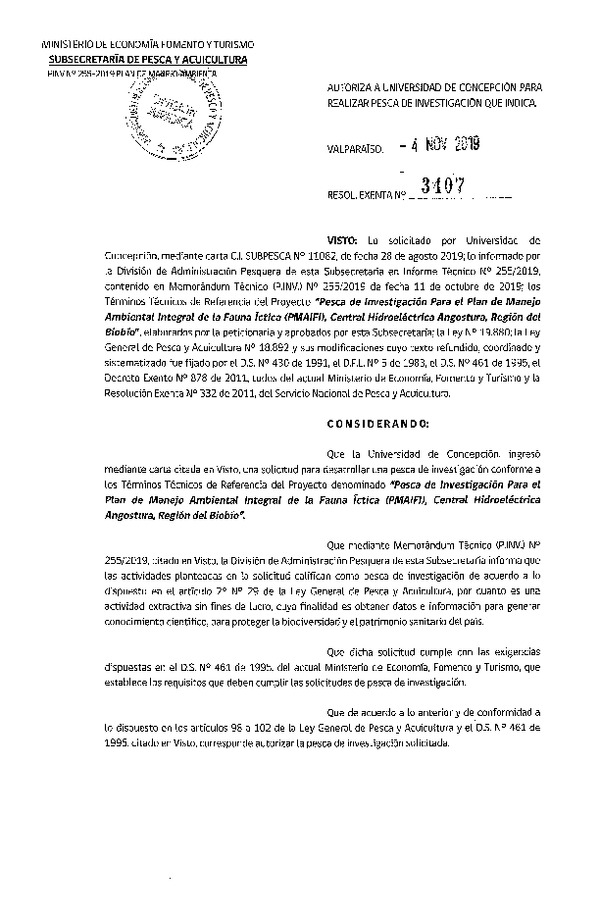 Res. Ex. N° 3407-2019 Pesca de investigación para plan de manejo, Región del Biobío.