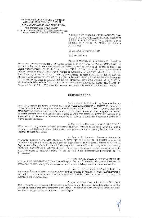 Res. Ex. N° 148-2019 (DZP VIII) Autoriza cesión Anchoveta y sardina común Regiones de Ñuble y del Biobío.