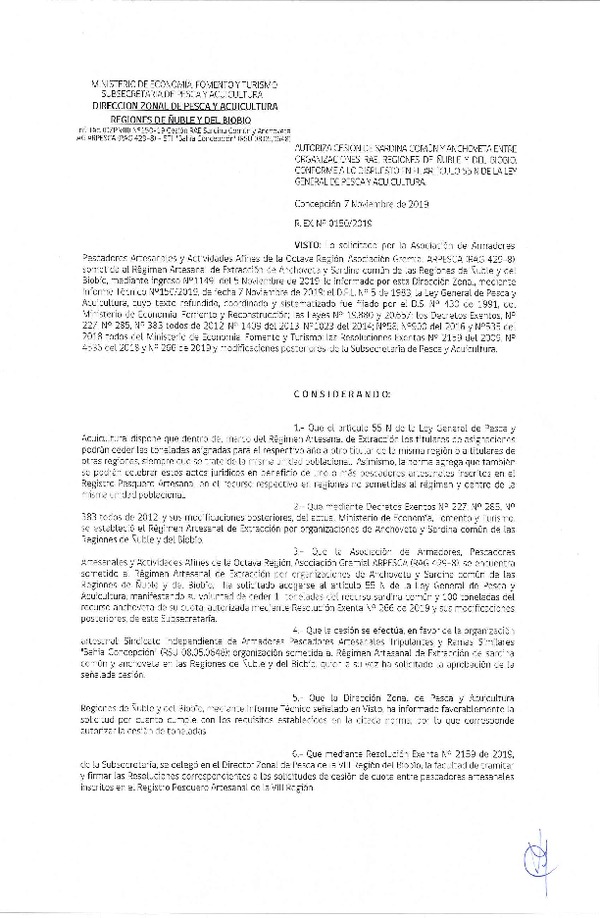 Res. Ex. N° 150-2019 (DZP VIII) Autoriza cesión Anchoveta y sardina común Regiones de Ñuble y del Biobío.