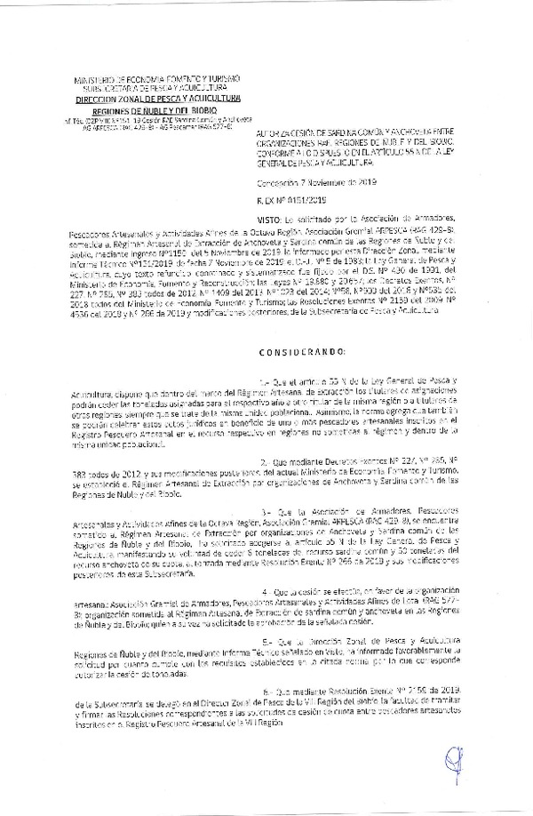 Res. Ex. N° 151-2019 (DZP VIII) Autoriza cesión Anchoveta y sardina común Regiones de Ñuble y del Biobío.
