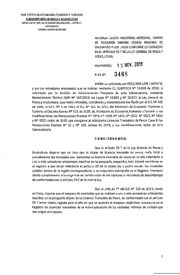 Res. Ex. N° 3468-2019 Autoriza cesión pesquería sardina común, Regiones Valparaíso a Los Lagos.