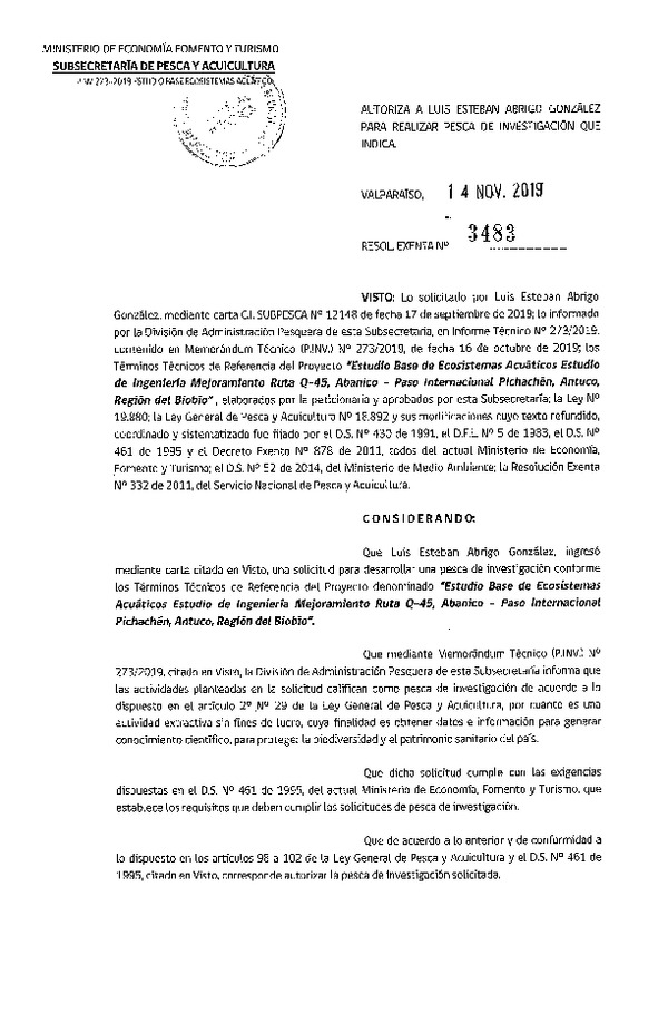 Res. Ex. N° 3483-2019 Estudio base ecosistemas acuáticos, Región del Biobío.