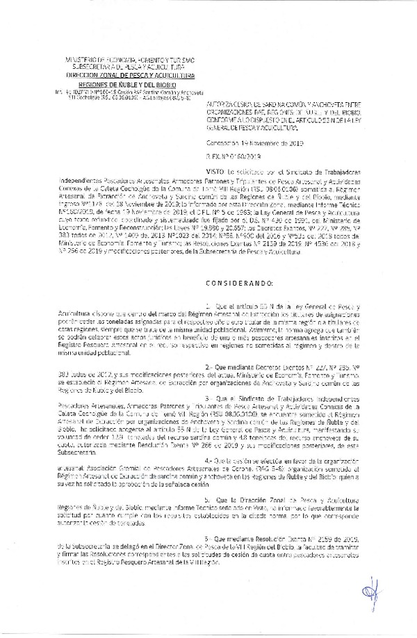 Res. Ex. N° 160-2019 (DZP VIII) Autoriza cesión Anchoveta y sardina común Regiones de Ñuble y del Biobío.