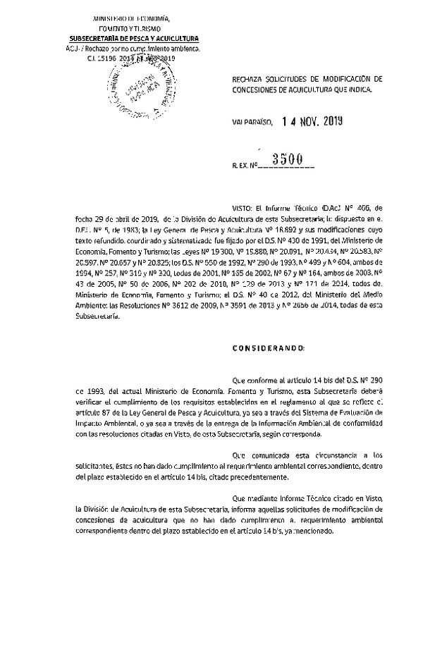 Res. Ex. N° 3500-2019 Rechaza solicitudes de modificación de concesiones de acuicultura que indica.