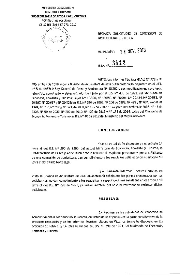 Res. Ex. N° 3512-2019 Rechaza solicitudes de concesión de acuicultura que indica.