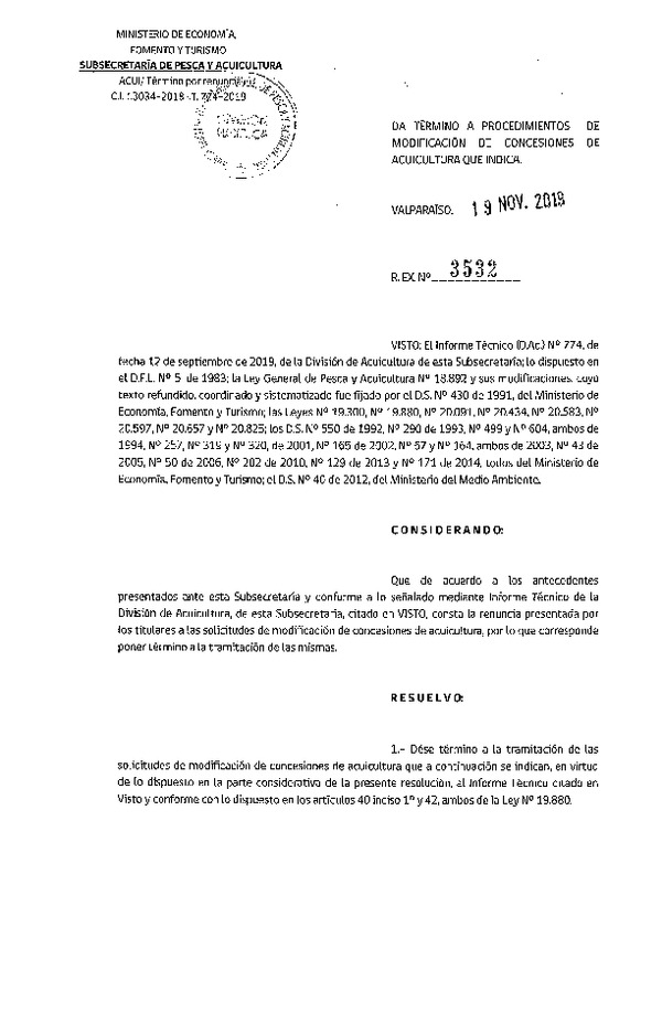 Res. Ex. N° 3532-2019 Da término a procedimientos de modificación de concesión de acuicultura que indica.