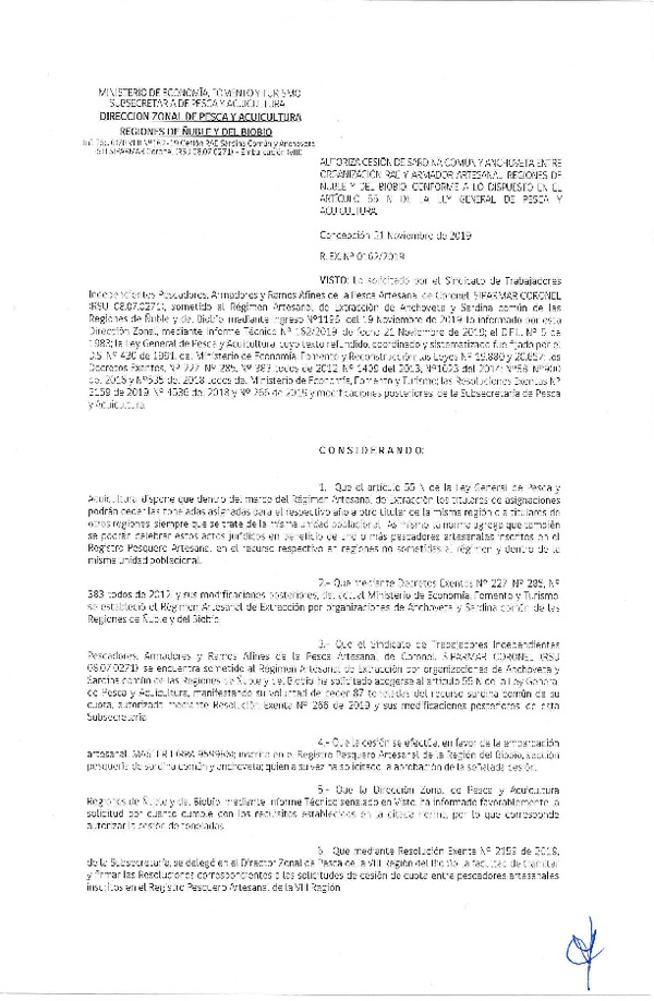 Res. Ex. N° 162-2019 (DZP VIII) Autoriza cesión Anchoveta y sardina común Regiones de Ñuble y del Biobío.