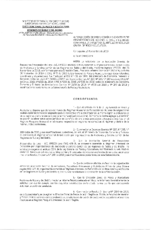 Res. Ex. N° 169-2019 (DZP de Ñuble y del Biobío ) Autoriza cesión Sardina común y Anchoveta.