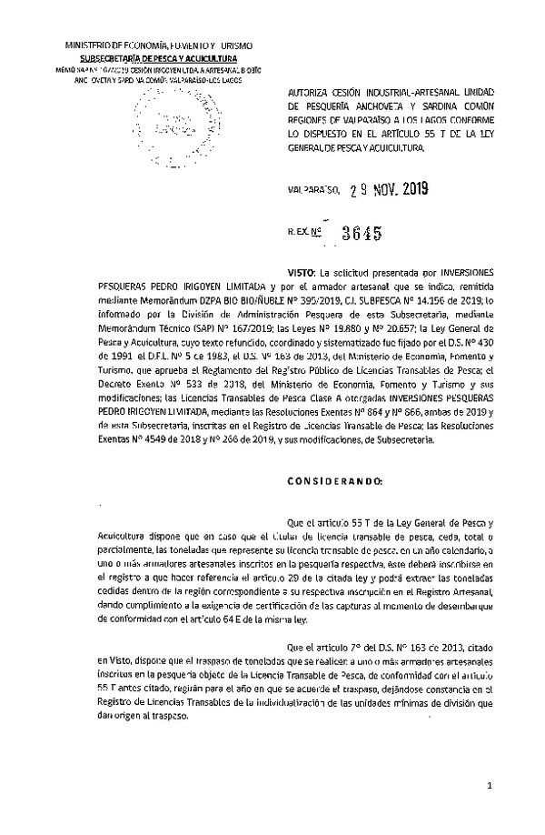 Res. Ex. N° 3645-2019 Autoriza cesión pesquería anchoveta y sardina común, Regiones Valparaíso a Los Lagos.