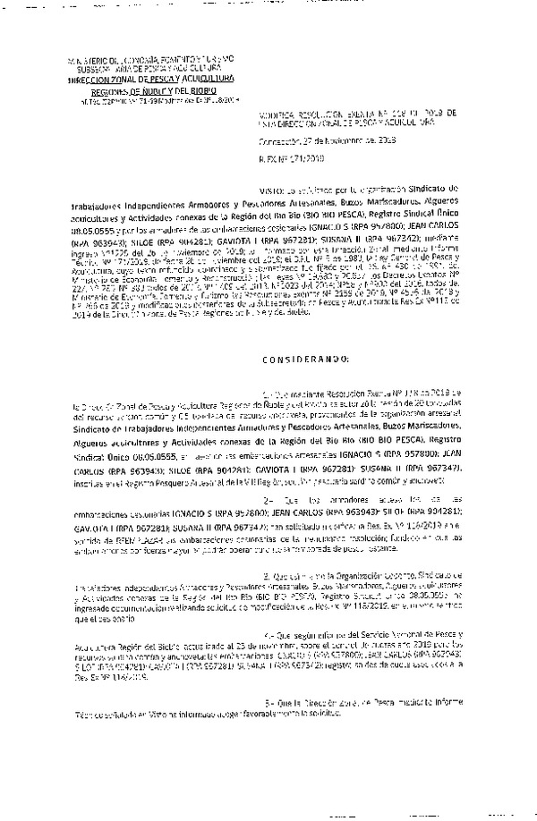 Res. Ex. 171-2019 Modifica Res. Ex. N° 118-2019 (DZP VIII) Autoriza cesión Anchoveta y sardina común Regiones de Ñuble y del Biobío.