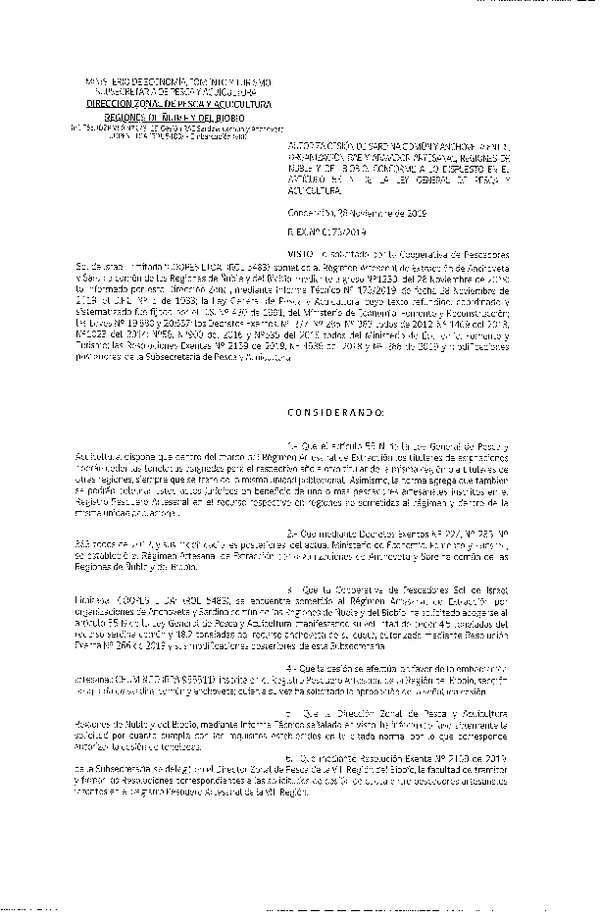Res. Ex. N° 173-2019 (DZP VIII) Autoriza cesión Anchoveta y sardina común Regiones de Ñuble y del Biobío.
