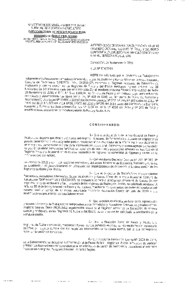 Res. Ex. N° 174-2019 (DZP VIII) Autoriza cesión Anchoveta y sardina común Regiones de Ñuble y del Biobío.