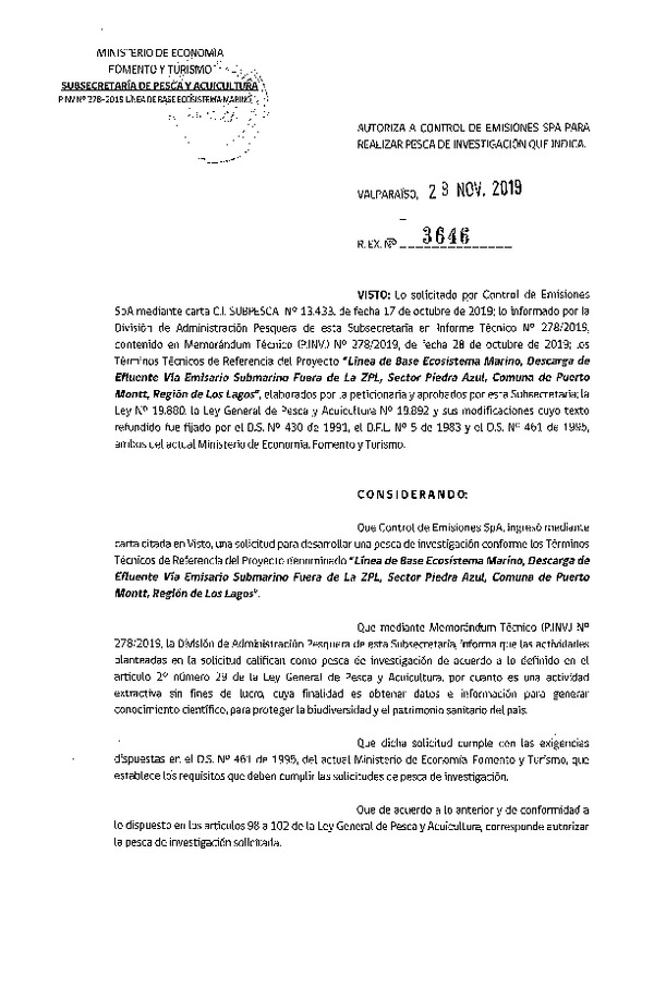 Res. Ex. N° 3646-2019 Línea de base ecosistema marino, Región de Los Ríos.