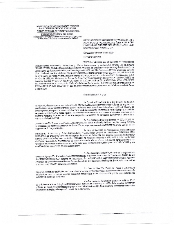 Res. Ex. N° 182-2019 (DZP Región de Ñuble y del Biobío)) Autoriza cesión Anchoveta y sardina común Regiones de Ñuble y del Biobío.
