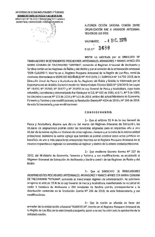 Res. Ex. N° 3680-2019 Autoriza cesión sardina común Región de Los Ríos.