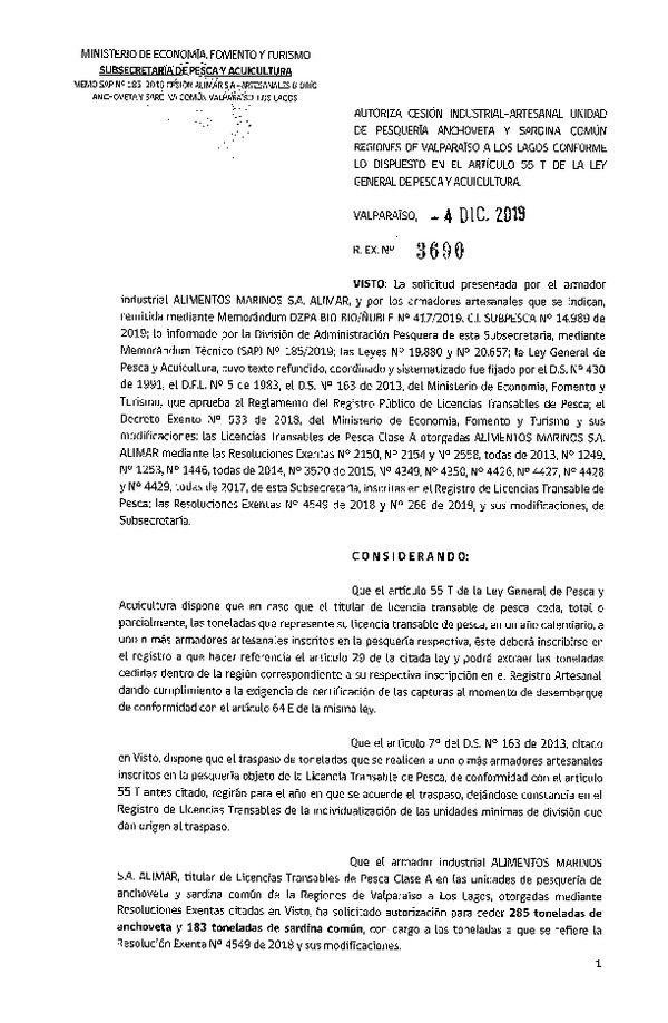 Res. Ex. N° 3690-2019 Autoriza cesión pesquería anchoveta y sardina común, Regiones Valparaíso a Los Lagos.