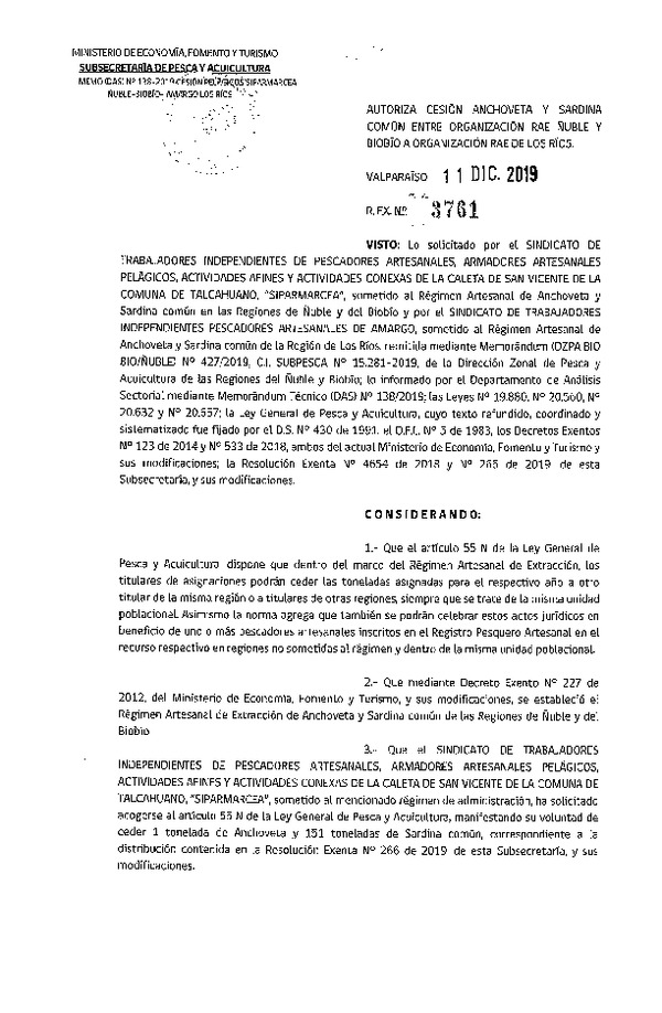  Res. Ex. N° 3761-2019 Autoriza cesión sardina común y anchoveta de Regiones Ñuble-Biobío a Región de Los Ríos.
