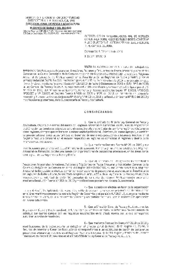 Res. Ex. N° 187-2019 (DZP Región de Ñuble y del Biobío) Autoriza cesión Merluza común.