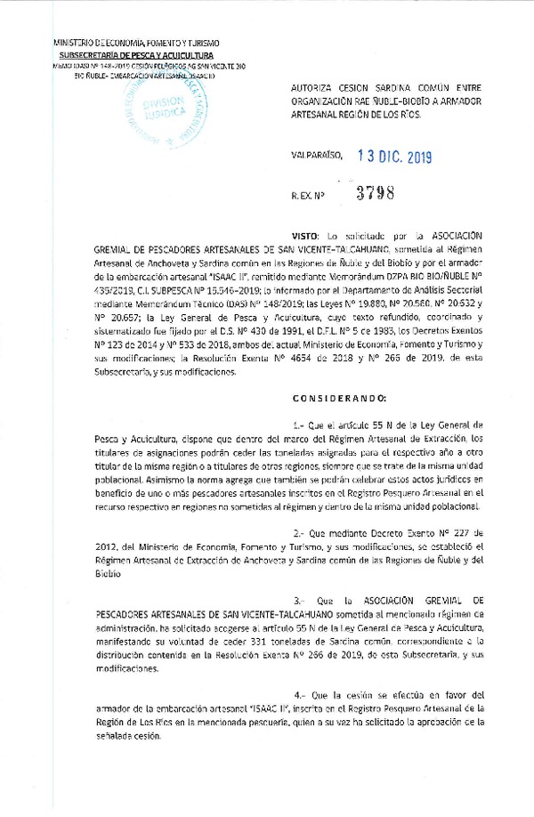 Res. Ex. N° 3798-2019 Autoriza cesión sardina común Regiones Ñuble-Biobío a Región de Los Ríos.