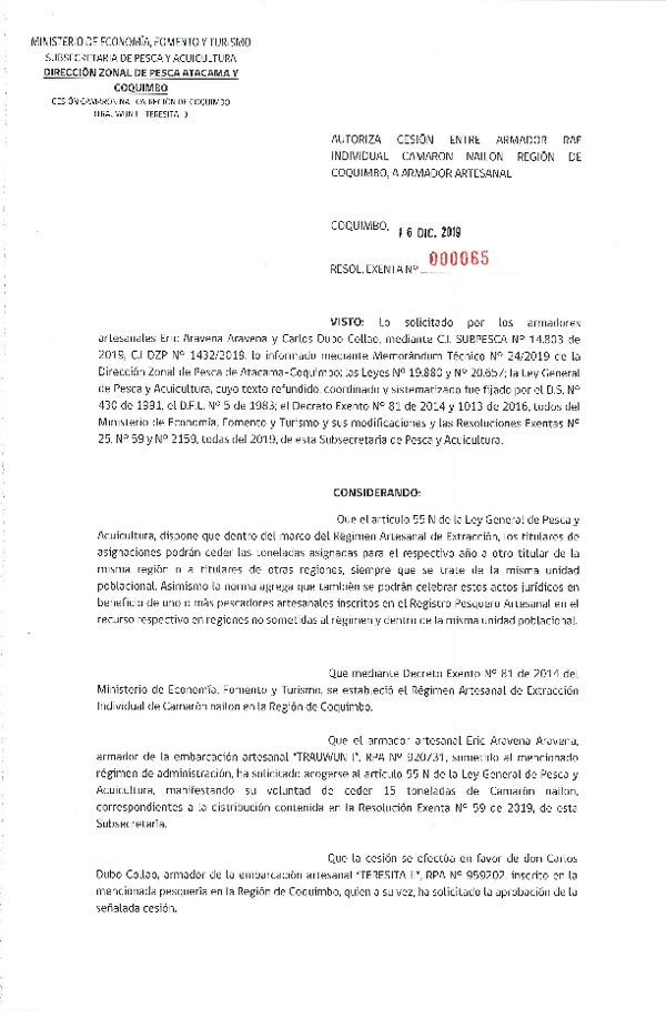 Res. Ex. N° 65-2019 Autoriza cesión Camarón nailon, Región de Coquimbo.