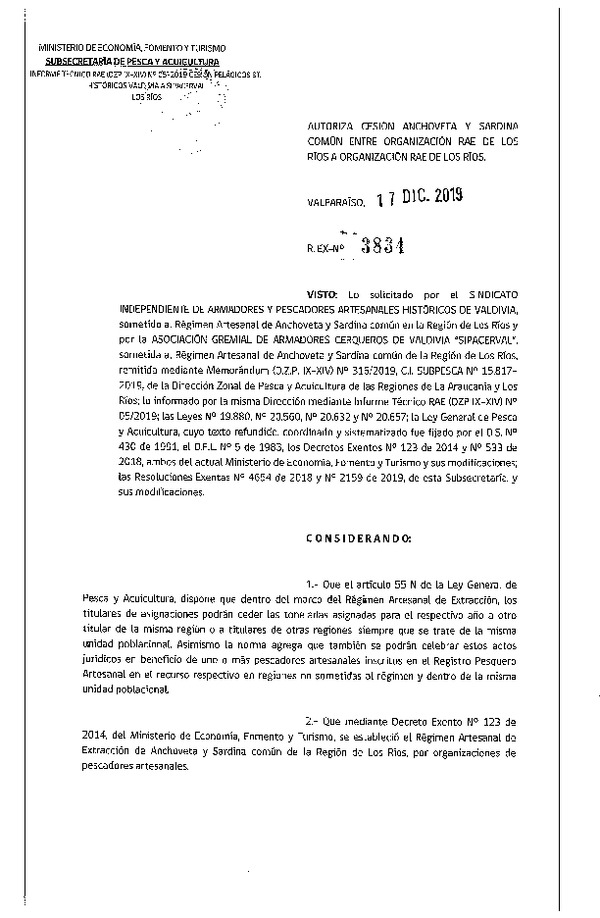 Res. Ex. N° 3834-2019 Autoriza cesión sardina común y anchoveta de Regiones Región de Los Ríos.