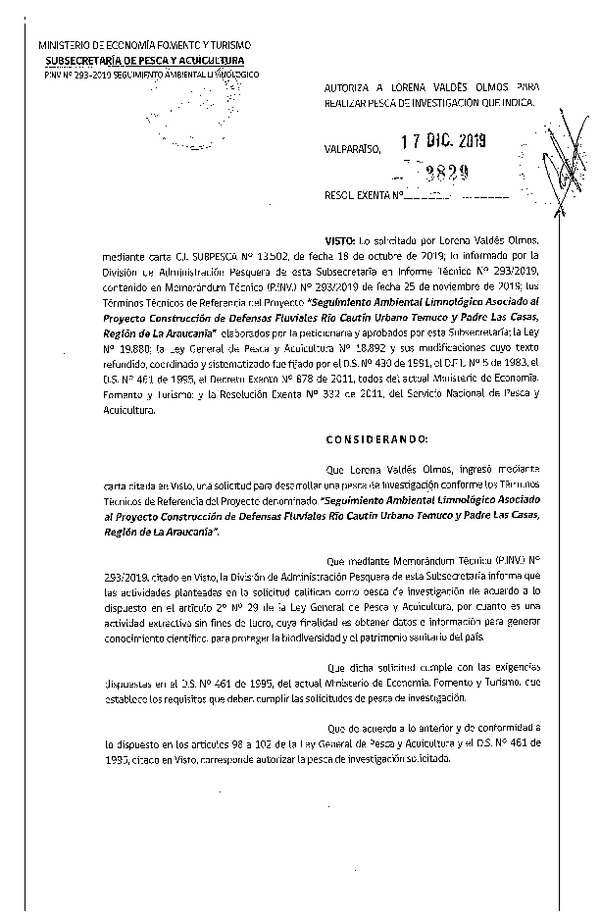 Res. Ex. N° 3829-2019 Seguimiento ambiental Región de La Araucanía.