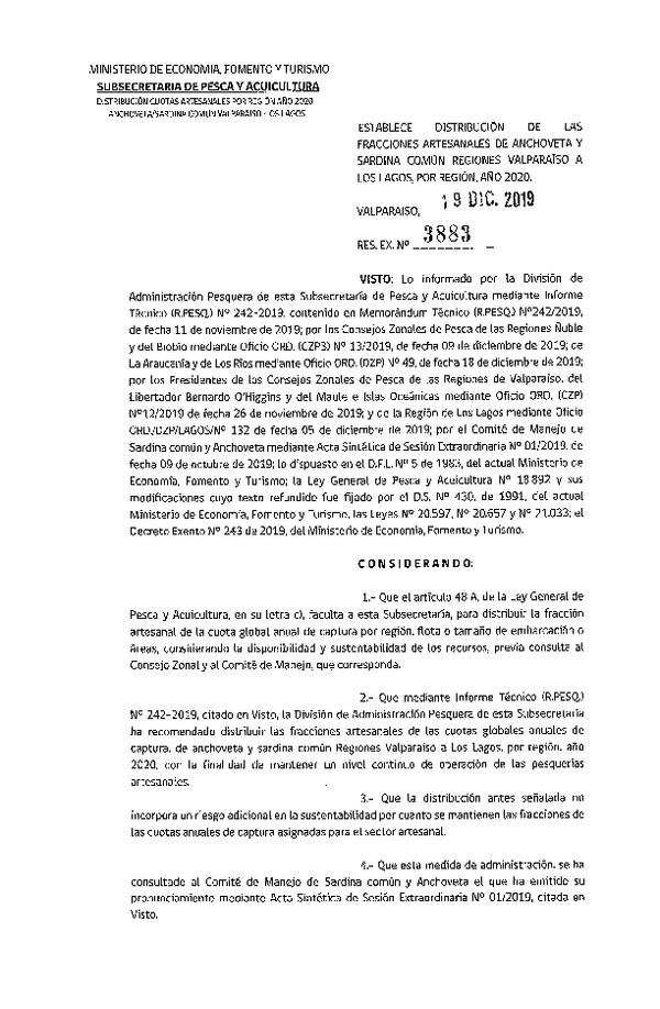 Res. Ex. N° 3883-2019 Distribución de la Fracción Artesanal de Pesquería de Anchoveta y Sardina Común, Regiones Valparaíso a Los Lagos, Año 2020. (Publicado en Página Web 23-12-2019) (F.D.O. 08-01-2020)