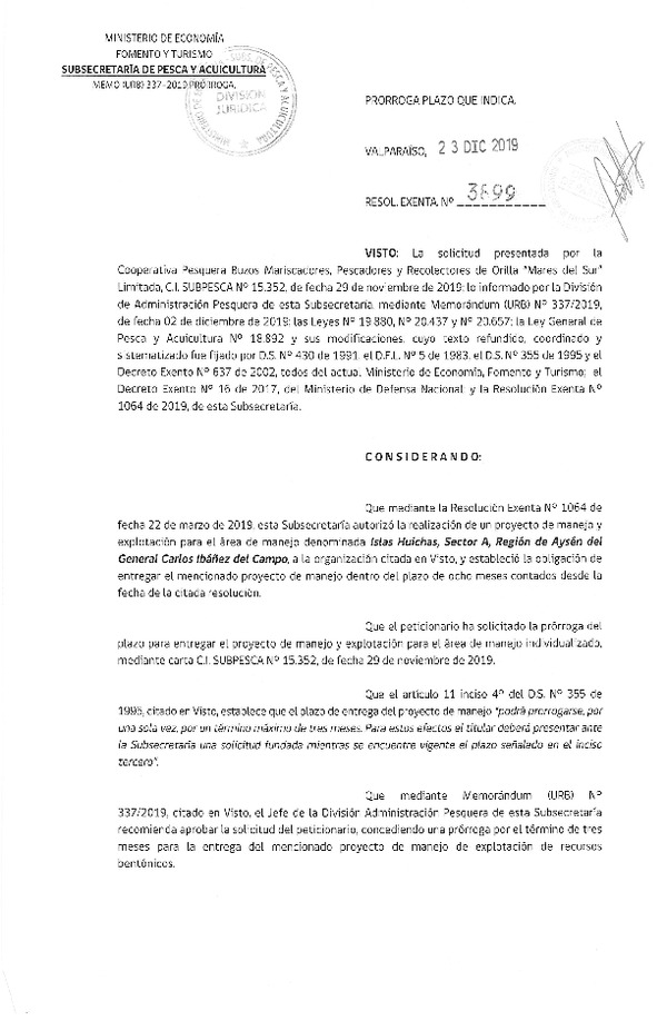 Res. Ex. N° 3899-2019 Prorroga Plan de Manejo.