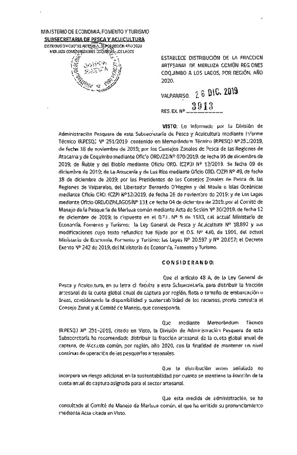 Res. Ex. N° 3913-2019 Establece Distribución de la Fracción Artesanal de Merluza Común Regiones Coquimbo a Los Lagos, por Región, Año 2020. (Publicado en Página Web 26-12-2019) (F.D.O. 08-01-2020)