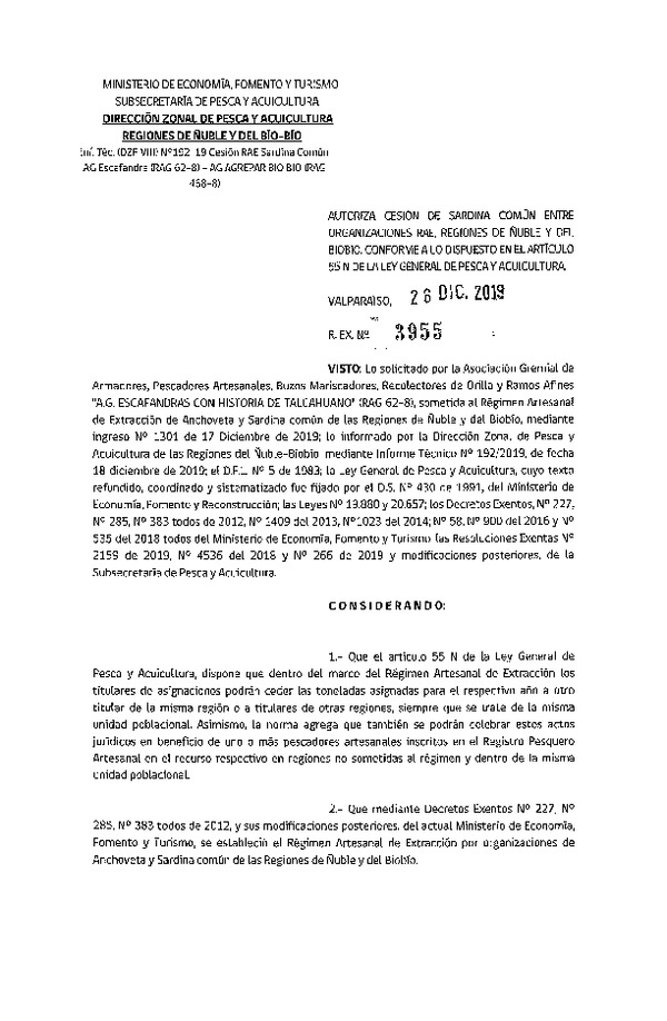 Res. Ex. 3955-2019 Autoriza Cesión Sardina común Regiones de Ñuble-Biobío.