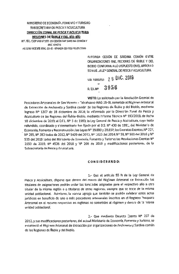 Res. Ex. 3956-2019 Autoriza Cesión Sardina común Regiones de Ñuble-Biobío.