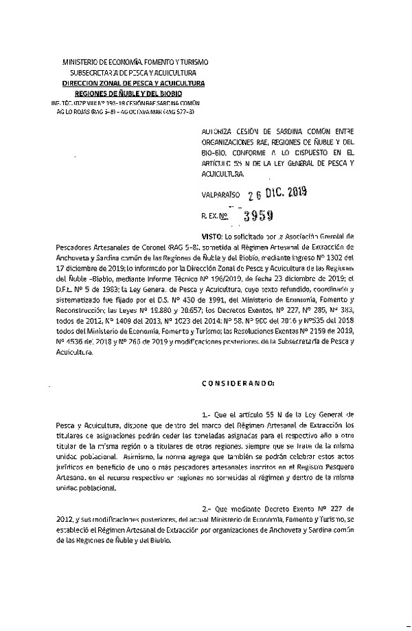 Res. Ex. 3959-2019 Autoriza Cesión Sardina común Regiones de Ñuble-Biobío.