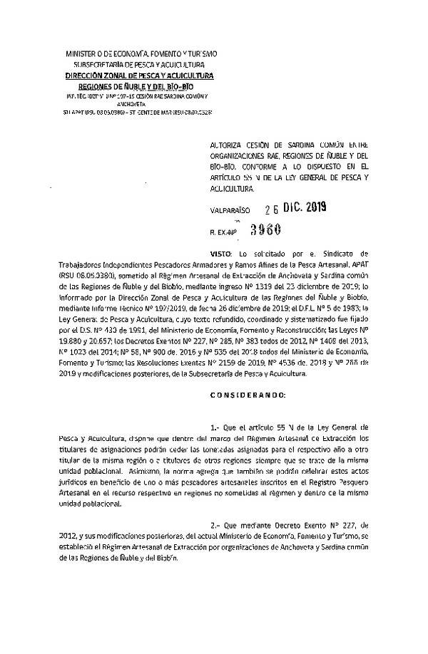 Res. Ex. 3960-2019 Autoriza Cesión Sardina común Regiones de Ñuble-Biobío.