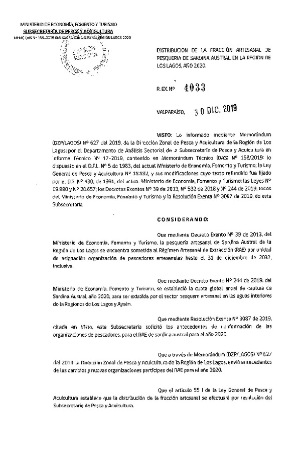 Res. Ex. N° 4033-2019 Distribución de la Fracción Artesanal de Pesquería de Sardina Austral, Región de Los Lagos, Año 2020. (Publicado en Página Web 06-01-2020) (F.D.O. 11-01-2020)
