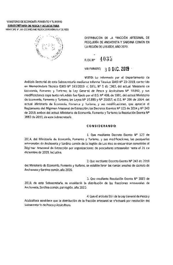 Res. Ex. N° 4035-2019 Distribución de la Fracción Artesanal de Pesquería de Anchoveta y Sardina Común, Región de Los Ríos, Año 2020. (Publicado en Página Web 06-01-2020) (F.D.O. 11-01-2020)
