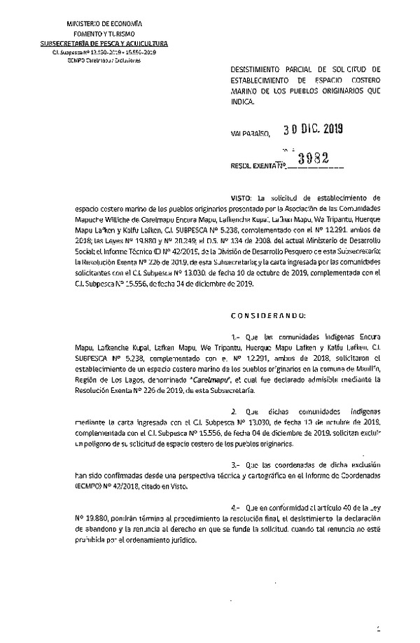 Res. Ex. N° 3982-2019 Desistimiento parcial de solicitud ECMPO Carelmapu.