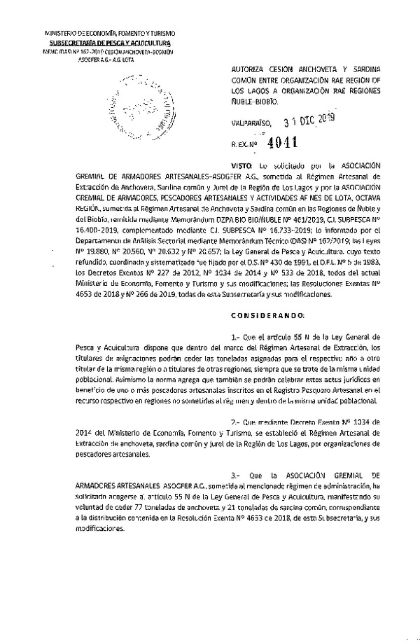 Res. Ex. 4041-2019 Autoriza cesión Anchoveta y Sardina común Región de Los Lagos a Región del Ñuble-Biobío.
