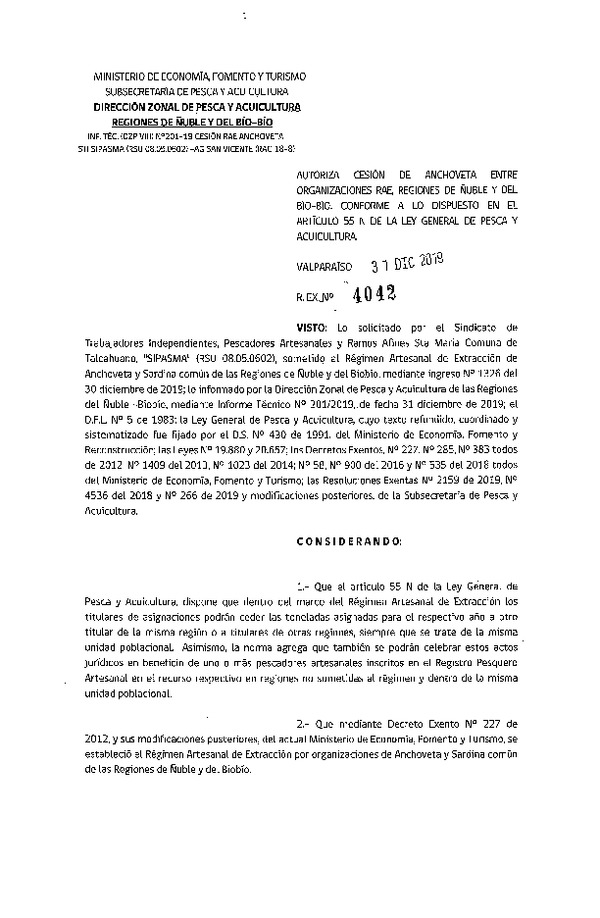 Res. Ex. 4042-2019 Autoriza cesión Anchoveta, Región de Ñuble y del Biobío.