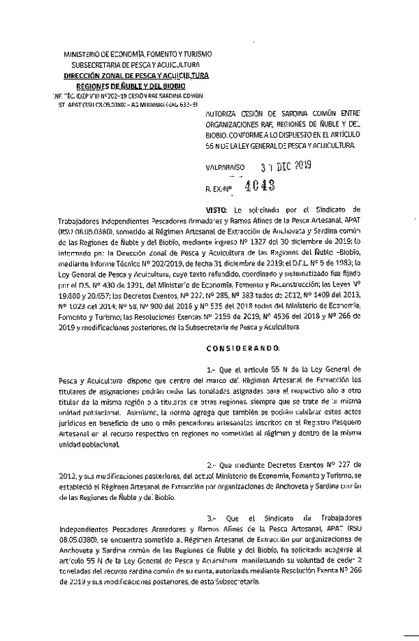 Res. Ex. 4043-2019 Autoriza cesión sardina común, Región de Ñuble y del Biobío.